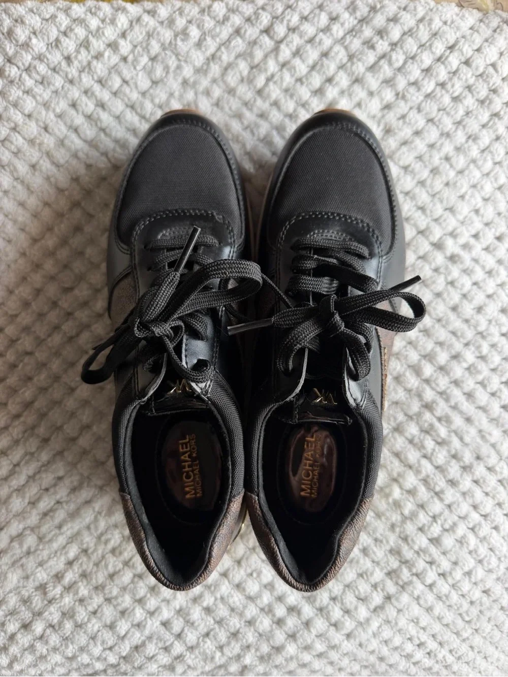 Michael Kors Black Sneakers with Brown Panels and Gold Heel Accent